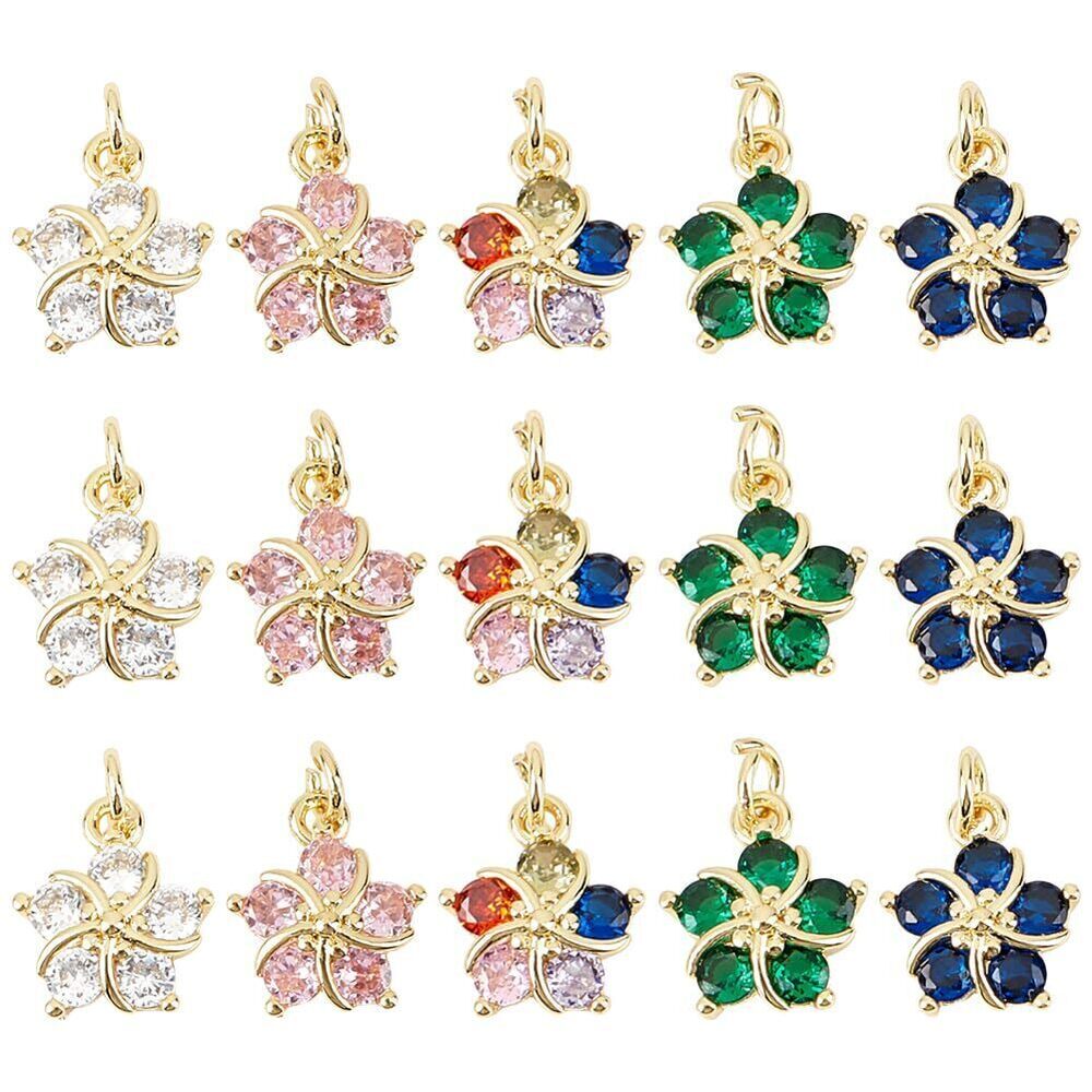 9641 15PCS Cubic Zirconia Flower Charms Gold Plated Floral Metal Pendants